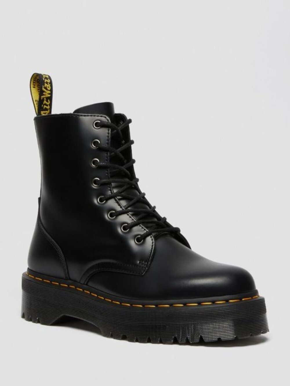 Dr. Martens Black Leather Platform Lace-Up Boot with Yellow Heel Loop